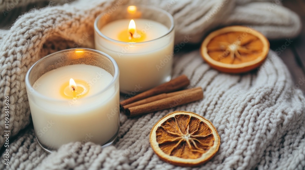 Cozy Winter Evening: Scented Candles, Knitted Blanket, and Dried Oranges Cozy Winter Evening: Scented Candles, Knitted Blanket, and Dried Oranges