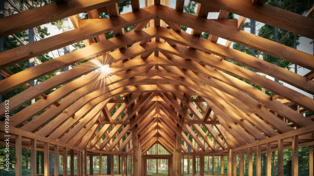 Fototapeta premium Wooden Architectural Framework: Captivating the intricate design of an architectural wooden framework, illuminated by rays of sunlight streaming through the surrounding foliage.
