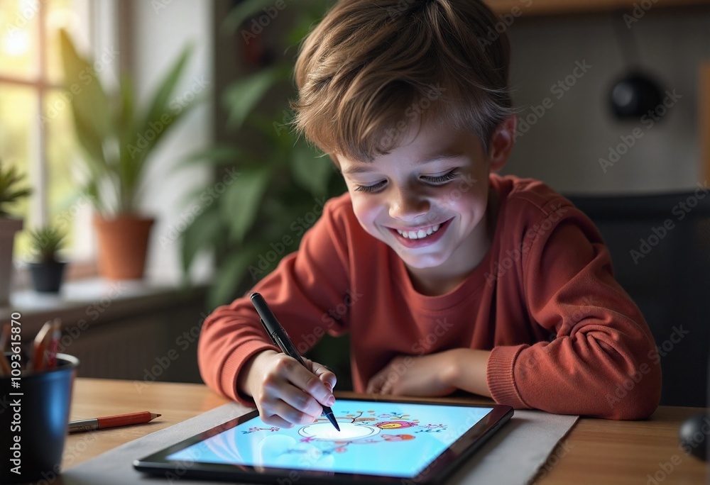 Boy at home sitting at table drawing on tablet Boy at home sitting at table drawing on tablet