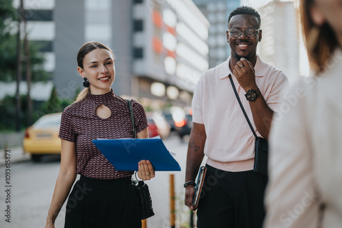 Fototapet A diverse group of business professionals walking with smiles in an urban setting, reflecting teamwork, collaboration, and positivity