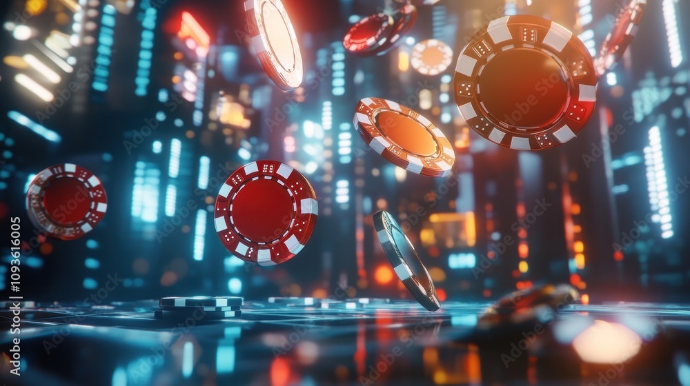 Futuristic Casino Night: Red Casino Chips Falling in a Neon City Futuristic Casino Night: Red Casino Chips Falling in a Neon City