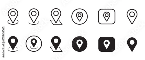 pin maps icon set vector sign symbol, location icon set map pointer pin sign symbol, black outline or feel destination icon place address navigation locator.