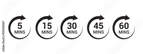 Minute timer icons set. black signs chronometer, Countdown timer showing minutes. Deadline or recommended, measurement for cooking. time counter. Vector illustration,
