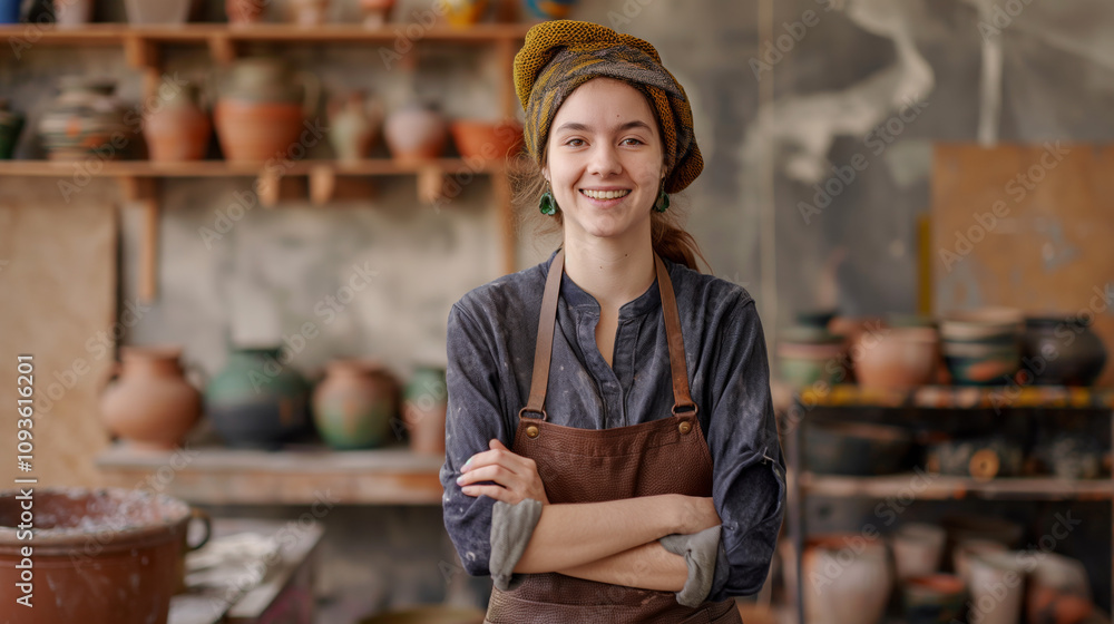 Young craftswoman stands proudly in her pottery studio, surrounded by various clay pots and tools. She wears an apron and a headscarf, showcasing her passion for her craft in a creative environment Young craftswoman stands proudly in her pottery studio, surrounded by various clay pots and tools. She wears an apron and a headscarf, showcasing her passion for her craft in a creative environment