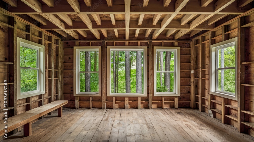 Fototapeta premium Rustic Interior with Windows: An inviting interior showcases exposed wooden beams, walls, and flooring, complemented by three large windows that frame a lush, verdant forest view and a rustic bench.