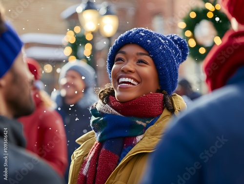 A dark-skinned girl enjoys the snow in a town filled with the Christmas spirit and decorated with Christmas wreaths photo