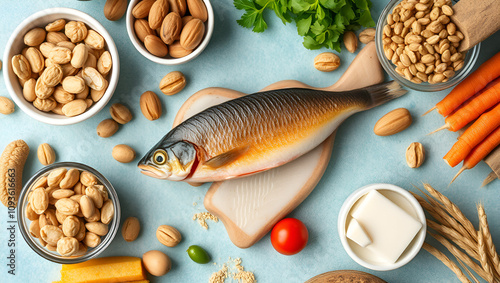 Healthy heart food ingredients high in lipids containing unsaturated good fats for low cholesterol levels with nuts, seeds, dairy, fish, vegetables, legumes and grain. Top view.