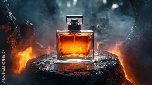 bottle of perfume on a stump, orange fire