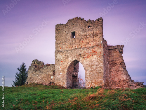 view to ruins of medieval castle with central tower and main gate on the hill in dawn twilight