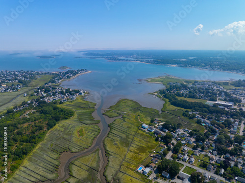 Rock Island Cove Salt Marsh and Weymouth Fore River mouth aerial view to Hingham Bay, viewed from city of Quincy, Massachusetts MA, USA.  photo