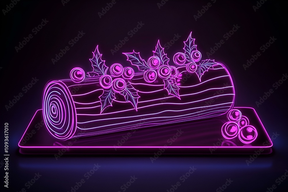 Fototapeta premium Neon Yule log cake with berries isolated on black background.