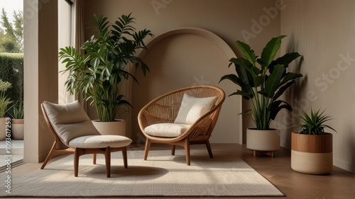 Tranquil modern living room with rattan chairs, plants, and neutral tones.