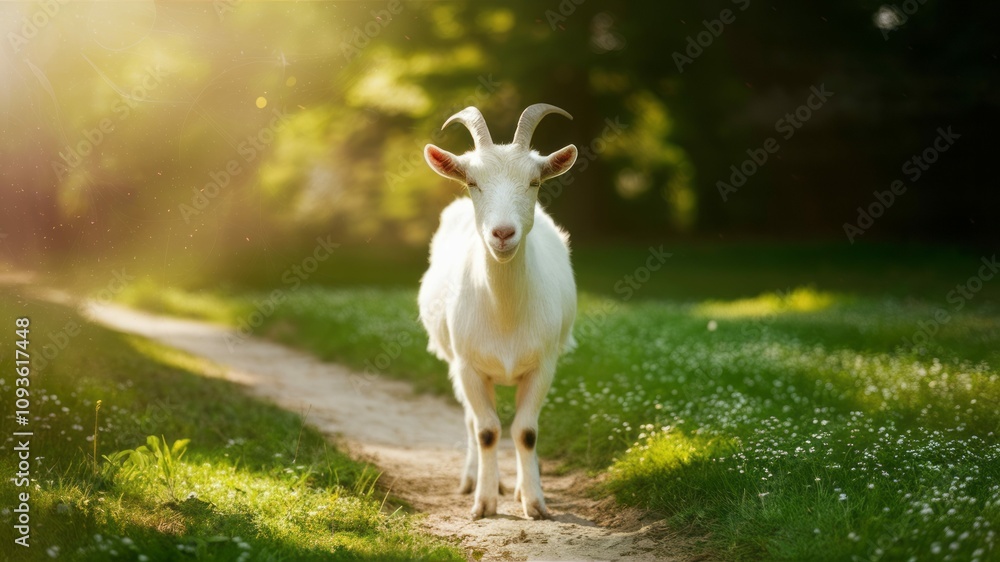 Goat Stroll: A stately goat stands in a sunlit glade, its gaze meeting the viewer's, while dappled sunlight filters through the trees and create a mesmerizing path through a vibrant meadow. Goat Stroll: A stately goat stands in a sunlit glade, its gaze meeting the viewer's, while dappled sunlight filters through the trees and create a mesmerizing path through a vibrant meadow.