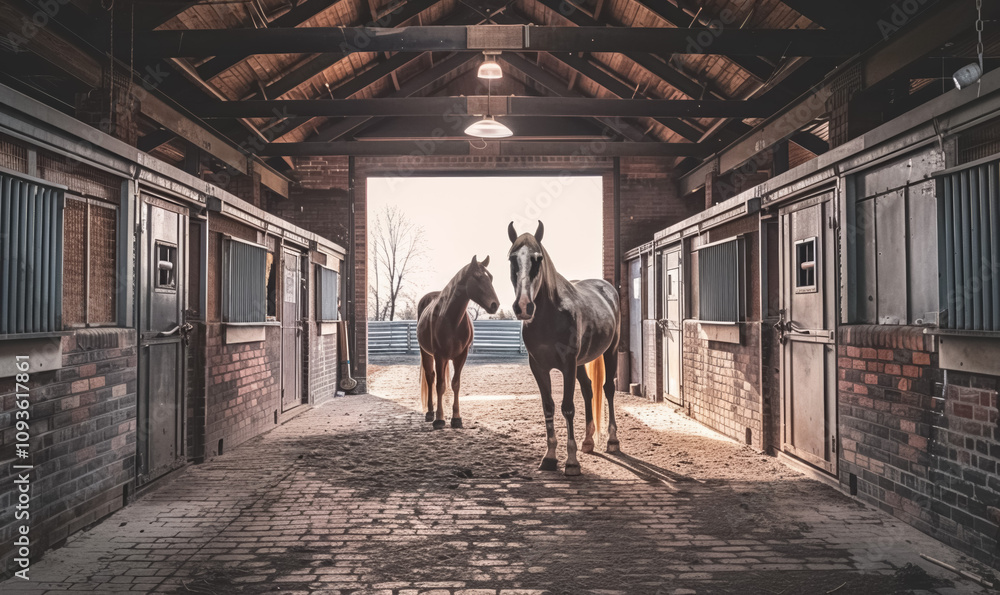 Naklejka premium horse stable with horses in their stables inside an equestrian center, mare in barn