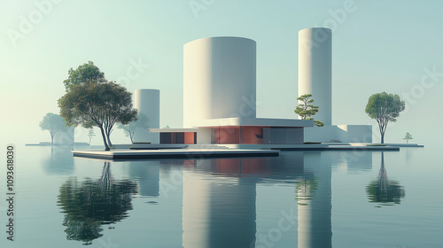 Modern architectural design of circular buildings reflecting in calm water surface. Generative AI photo