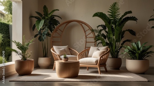 Here's a possible and keyword list for your stock photo.. Serene patio oasis with rattan furniture, plants, and natural light.