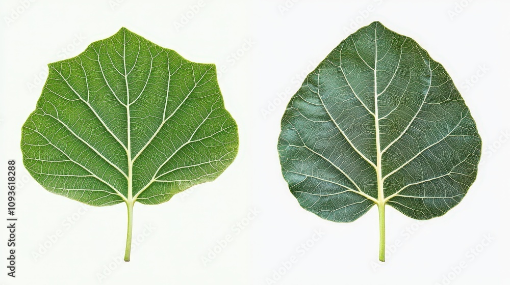 Obraz premium Comparison of two distinct green leaves with visible veins against light background