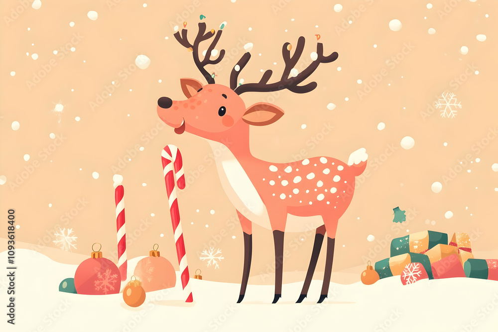 Fototapeta premium A joyful reindeer amidst bright ornaments, candy canes, and gifts, celebrating winter