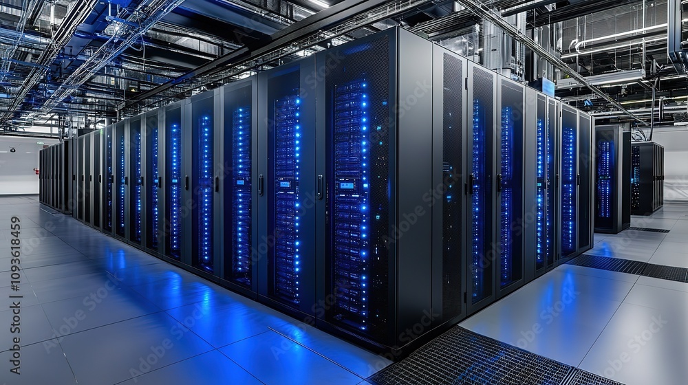 Data center with rows of illuminated server racks. Data center with rows of illuminated server racks.