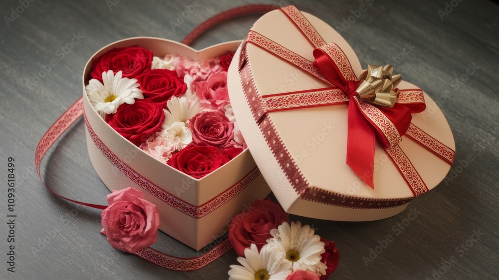 Naklejka premium A heart-shaped gift box decorated with bright flowers. The box is wrapped with a red and white ribbon with a bow on top. Background for Valentine's Day, Christmas, birthdays evoking feelings of love.