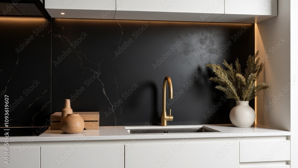 A stylish matte black backsplash with geometric patterns brings modern texture to a kitchen with white countertops and golden details.