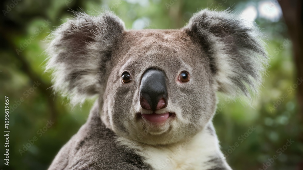 Naklejka premium Koala's Curious Gaze: a close-up captures the adorable face of a koala, known for their calm demeanor, with their distinctive features and endearing expression.