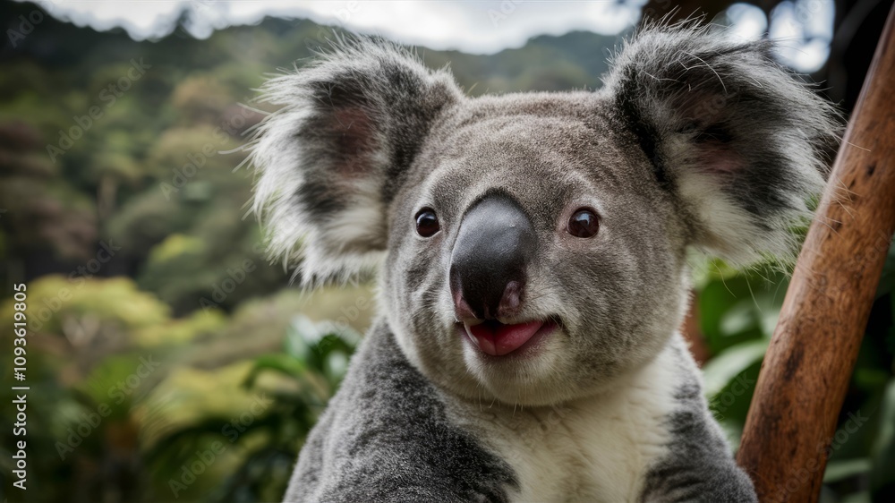Naklejka premium Koala's Cheerful Gaze: Up-close shot of a Koala with a charming, friendly expression, perching on a branch, set against the lush greenery of a vibrant Australian forest.