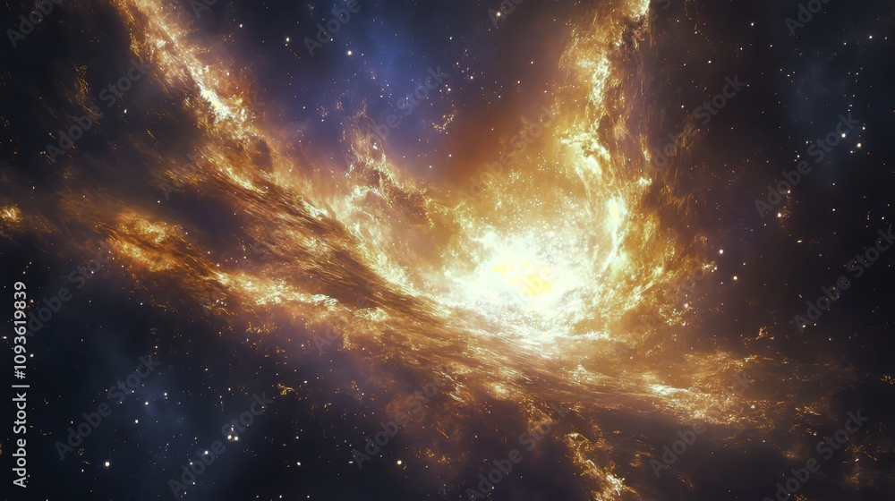 Obraz premium Fiery Nebula in Deep Space, Exploding with Gold