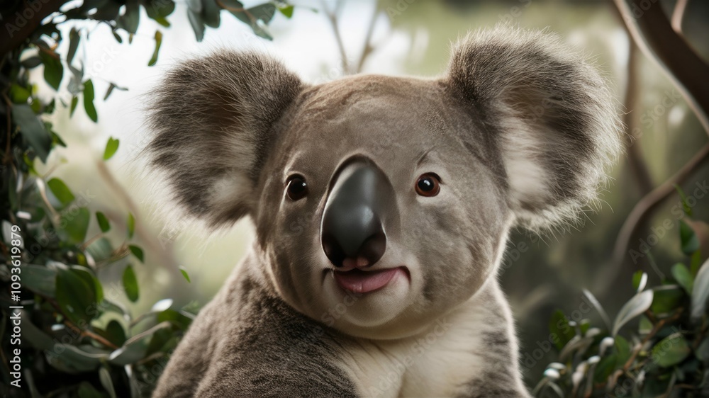 Fototapeta premium Koala's Cuteness: A close-up of a koala's face, its endearing features and fluffy ears take center stage, revealing an environment teeming with life and verdant foliage.