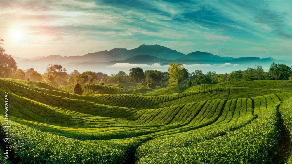 Fototapeta premium Tea Plantation Vista: Rolling tea fields stretch toward distant mountains under a vibrant, cloud-streaked sky, inviting a sense of serenity and the beauty of nature's craftsmanship.