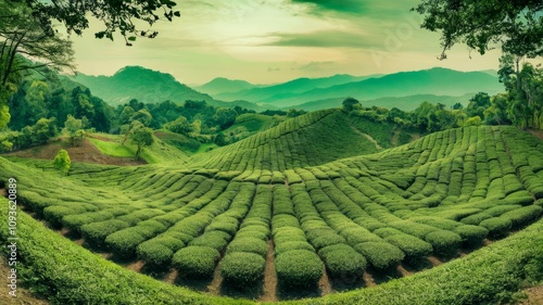 Wallpaper Mural Emerald Tea Plantation: Verdant terraces of a tea plantation cascade down rolling hills, blending seamlessly with a backdrop of mist-shrouded mountains under a soft, filtered light. Torontodigital.ca