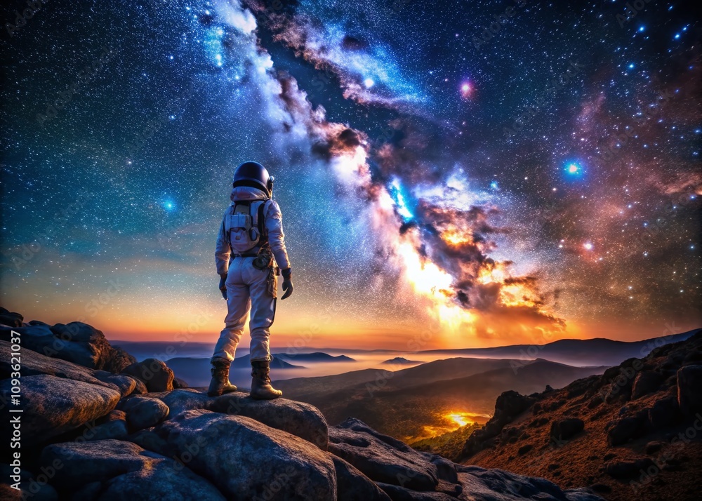 Stunning Night Photography of an Astronaut Woman Silhouetted Against a Starry Sky, Capturing the Beauty of Space Exploration and the Mystique of the Universe Stunning Night Photography of an Astronaut Woman Silhouetted Against a Starry Sky, Capturing the Beauty of Space Exploration and the Mystique of the Universe
