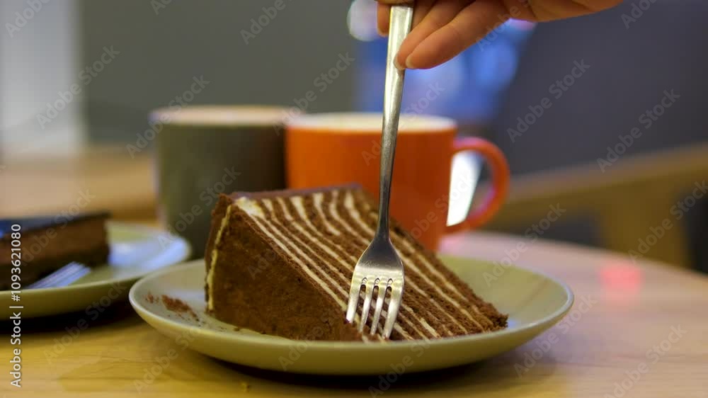 slow motion closeup view of a texture of a chocolate cake Chocolate cake Medovik slow motion closeup view of a texture of a chocolate cake Chocolate cake Medovik