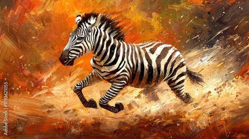 Zebra running in a painted orange and yellow landscape. photo