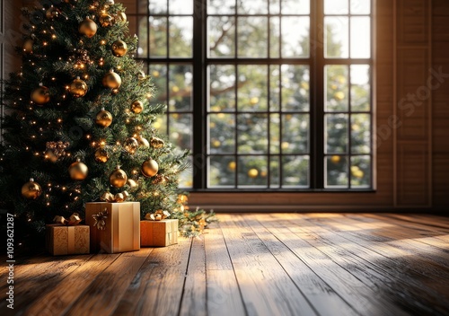 A Christmas tree with gifts underneath in a room with a large window