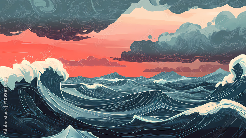 Stormy sea with dark clouds. Stormy Ocean Tempest. Illustration Stormy sea with dark clouds. Stormy Ocean Tempest. Illustration