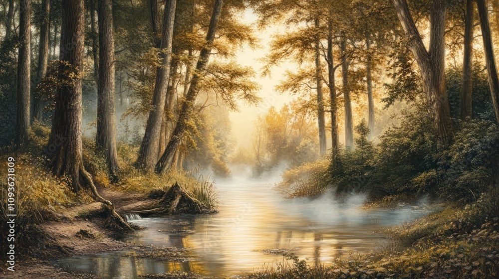 Fototapeta premium Serene Sunrise: Misty River Path in the Golden Forest