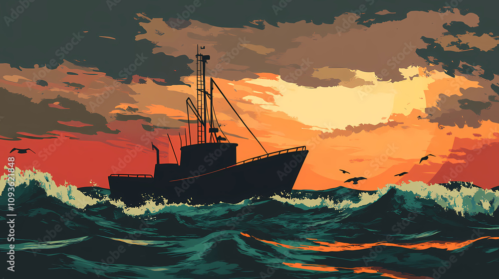 Obraz premium Silhouetted boat on stormy ocean at sunset. Stormy Ocean Tempest. Illustration