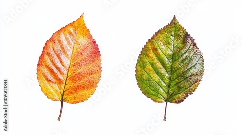 Contrasting autumn and summer leaves on white background