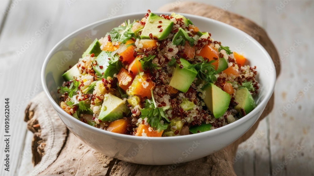 Quinoa Salad Delight: A vibrant and appetizing bowl of quinoa salad, filled with fresh ingredients such as avocado and pumpkin, showcasing a wholesome meal option Quinoa Salad Delight: A vibrant and appetizing bowl of quinoa salad, filled with fresh ingredients such as avocado and pumpkin, showcasing a wholesome meal option