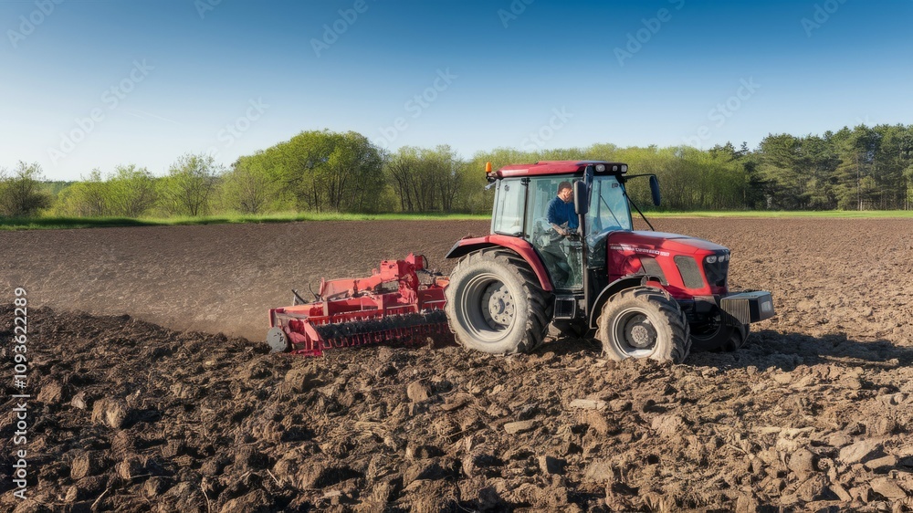 Red Tractor in Field: A powerful red tractor diligently works the fertile brown soil of a vast agricultural field, preparing the land for planting in a timeless scene of agricultural labor.