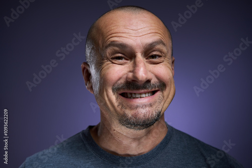 Happy mature man on purple background