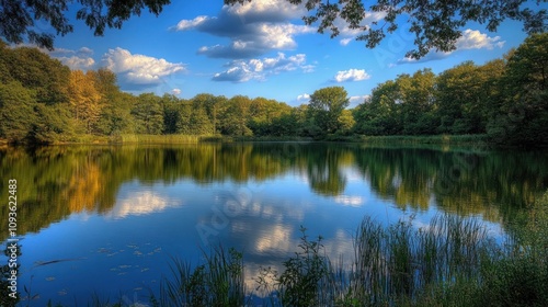 Serene Lake Reflection in a Lush Green Forest