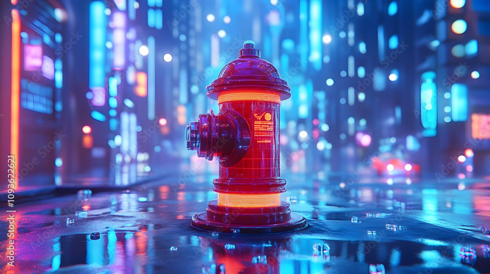 Futuristic Fire Hydrant Hologram, Neon Cityscape, 3D Rendering, Sci-Fi, Data Storage Futuristic Fire Hydrant Hologram, Neon Cityscape, 3D Rendering, Sci-Fi, Data Storage
