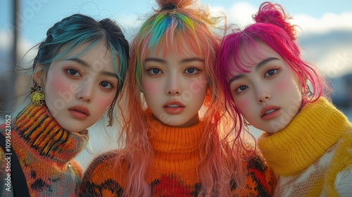 Wallpaper Mural Three young women with colorful hair wearing cozy sweaters, posing outdoors. Torontodigital.ca