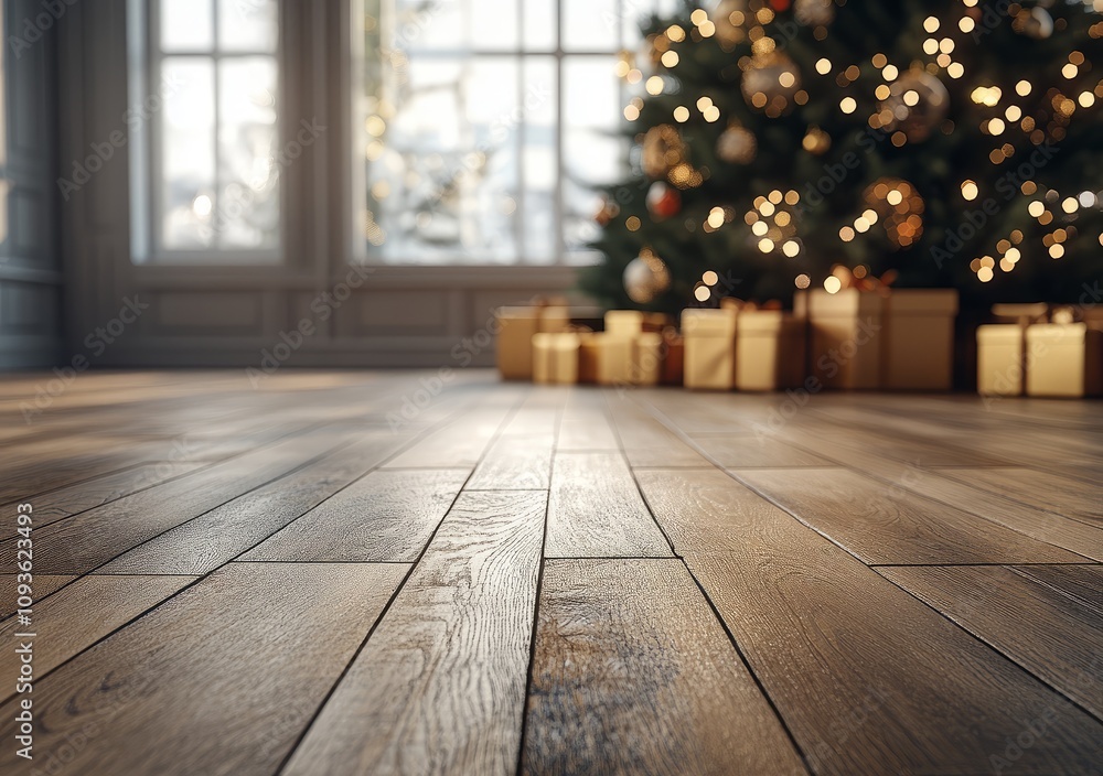 A Christmas tree with gifts underneath in a room with a large window A Christmas tree with gifts underneath in a room with a large window