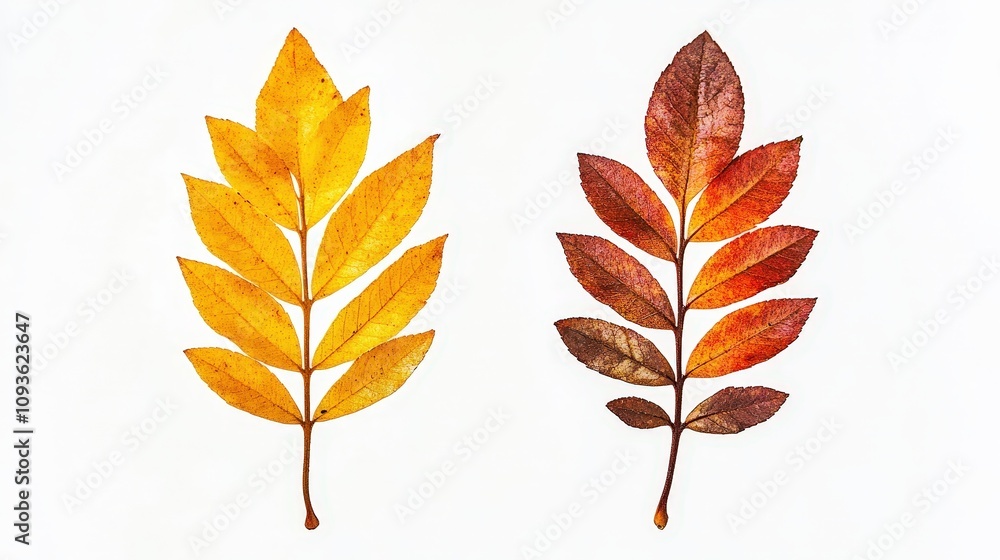 Fototapeta premium Vibrant autumn foliage: yellow and red leaves on white background
