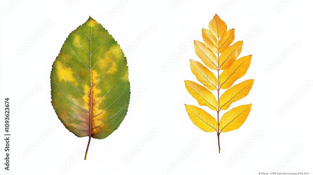 Contrast of green and yellow leaves on white background Contrast of green and yellow leaves on white background