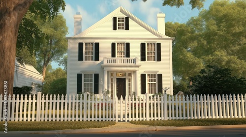 White two-story house with picket fence. Outdoor scene. Traditional architecture. Suburban landscape. Sunny day. Porch. Yard with grass. Trees, shrubs. Driveway. Entrance. Exterior. Residential home. photo