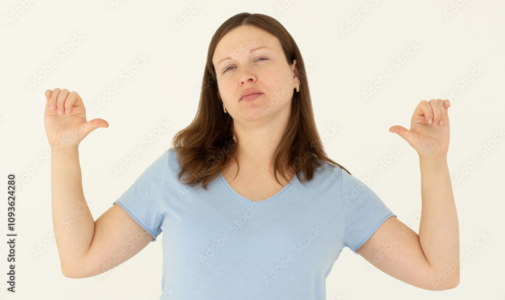Close up photo amazing beautiful lady thumbs indicate direct chest self-confident I am best choice choose pick select me advice wear casual blue t-shirt isolated white background Close up photo amazing beautiful lady thumbs indicate direct chest self-confident I am best choice choose pick select me advice wear casual blue t-shirt isolated white background